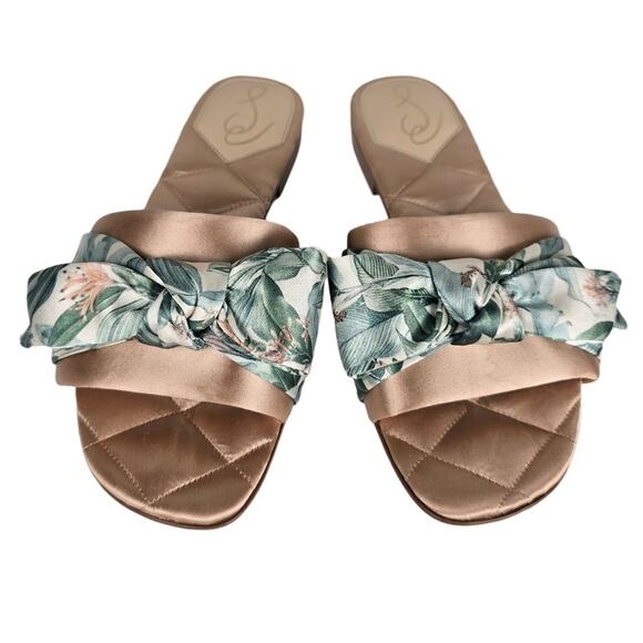 Sam Edelman Binx Sandal Size 7 Blush Pink Satin Slides w/Tropical Palm Print - Picture 1 of 7